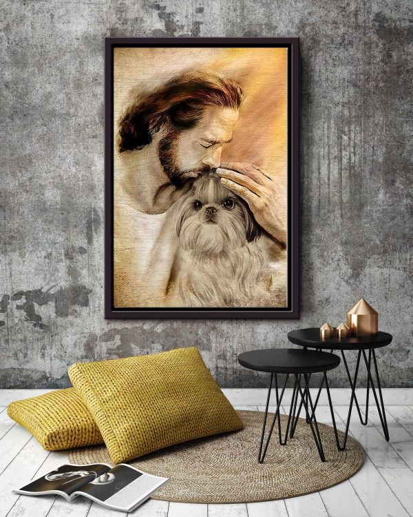 Jesus With Shin Tzu God For Gift for Dog Lovers Christian Framed Matte Canvas Framed Prints, Canvas Paintings - Image 2