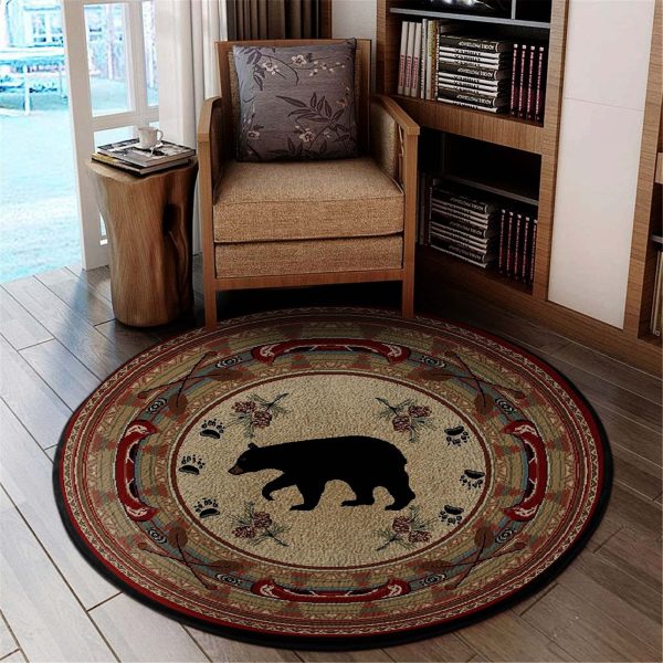 Black and Red Bear Lodge Cabin Round Rug, Carpet 07144