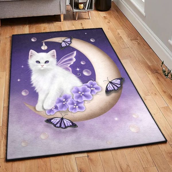 Purple Washable Beautiful Cat And Purple Butterfly Moon 2605Vb Rug Rectangle Rugs Washable Area Rug Non-Slip Carpet For Living Room Bedroom