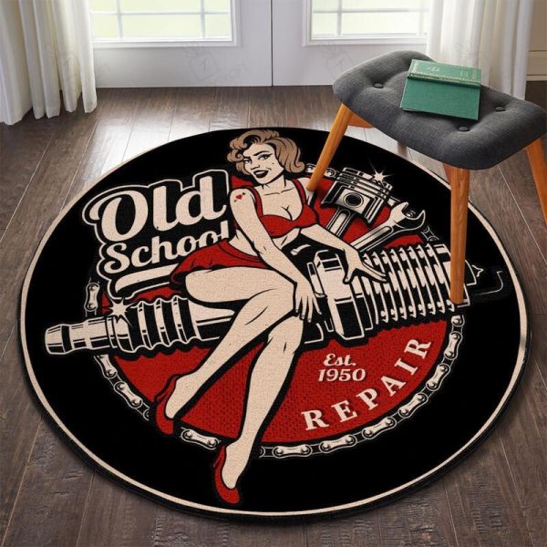 Old School Garage Round Mat Round Floor Mat Room Rugs Carpet Outdoor Rug Washable Rugs